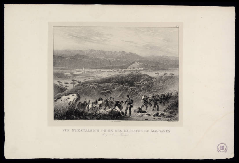 Dibuix antic on es veu l'exèrcit francès a les altures de Massanes i, de fons, el poble d'Hostalric.