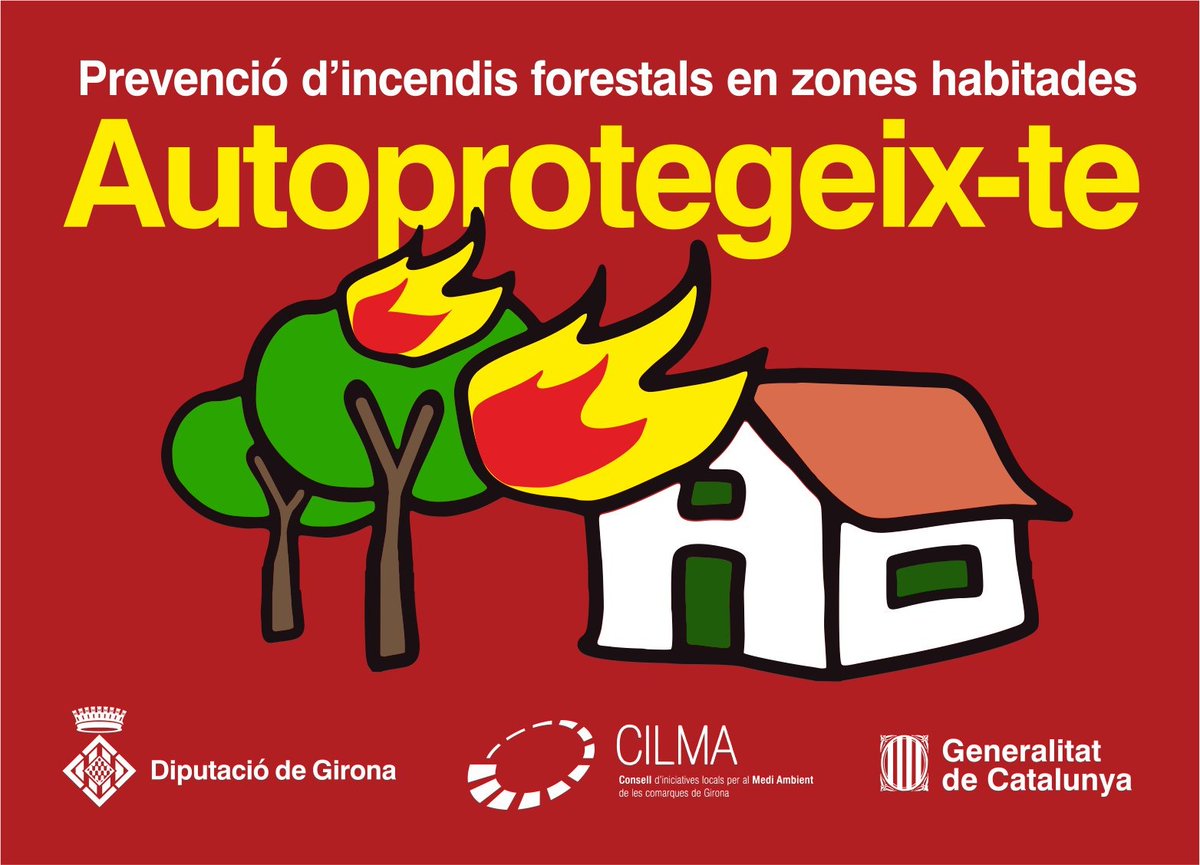 Dibuix d'una casa i uns arbres amb flames informat  de la sessió informativa per a veïns per la prevenció d'incendis i l'autoprotecció.